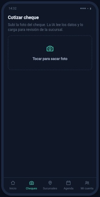 Pantalla de la App Sur Finanzas para sacarle una foto al cheque