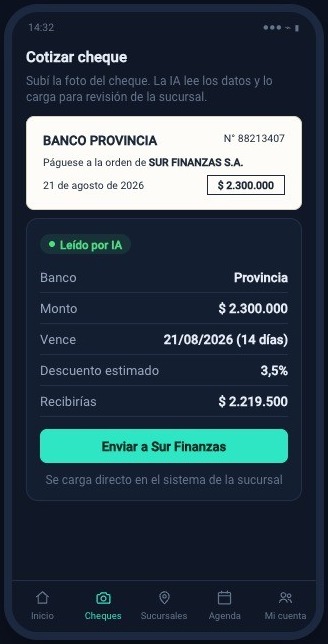 Pantalla de la App Sur Finanzas con los datos del cheque leídos y el descuento estimado