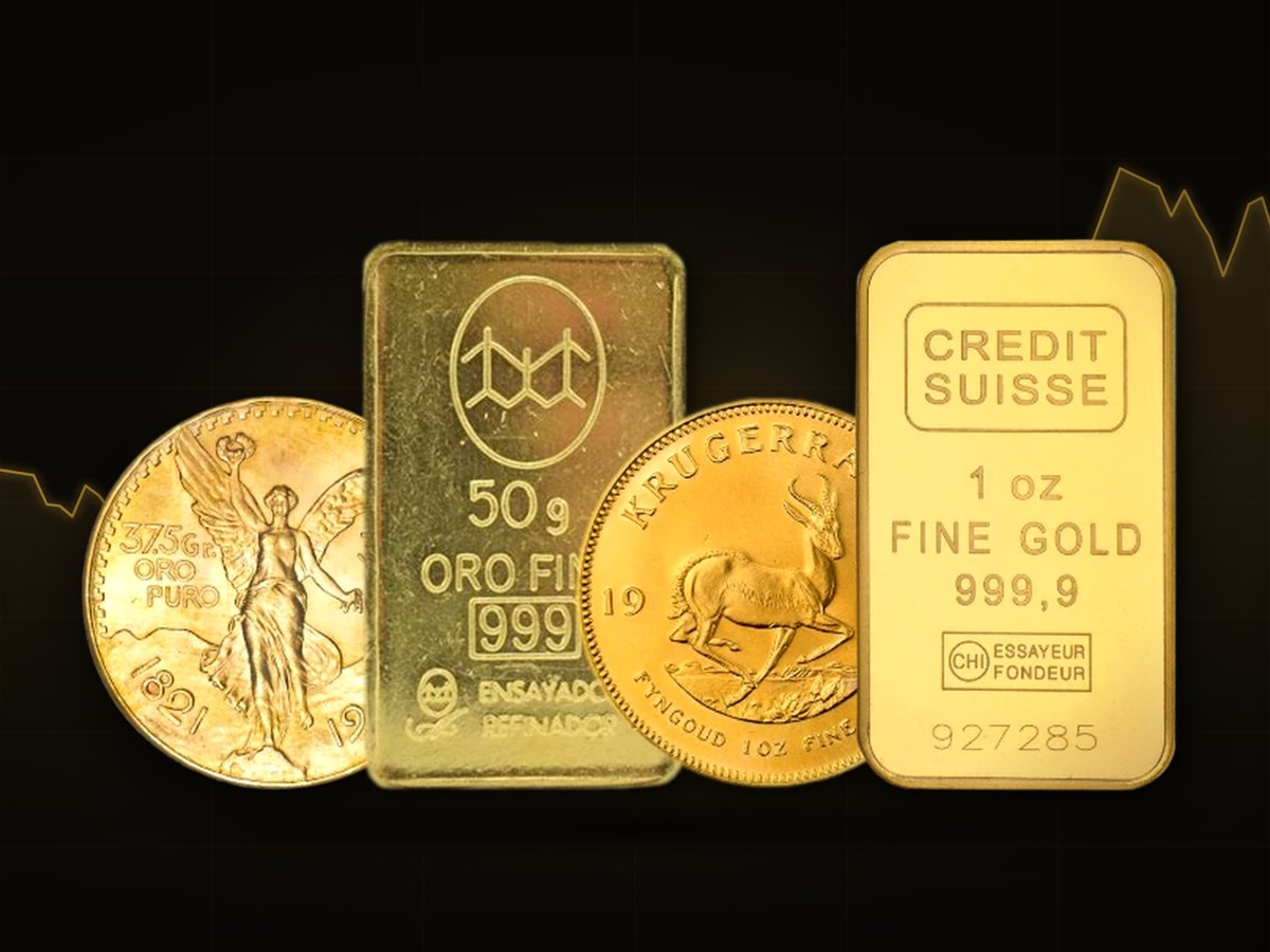 Lingotes y monedas de oro sobre fondo oscuro, con la curva de la cotización detrás