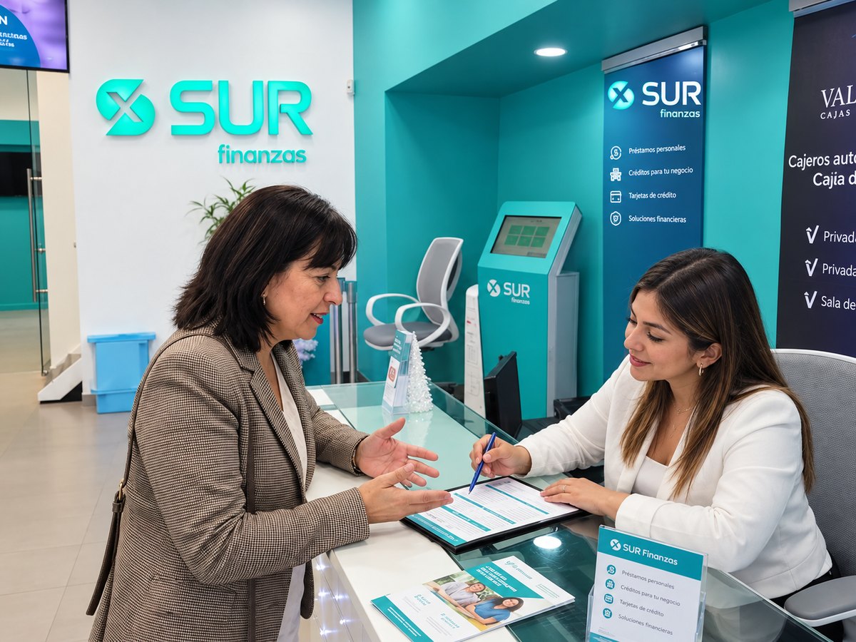Una clienta completando una solicitud de crédito con una asesora de Sur Finanzas en el mostrador